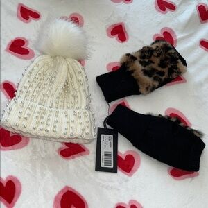 Pearl-Embellished White Beanie and Black Leopard Mittens Set
